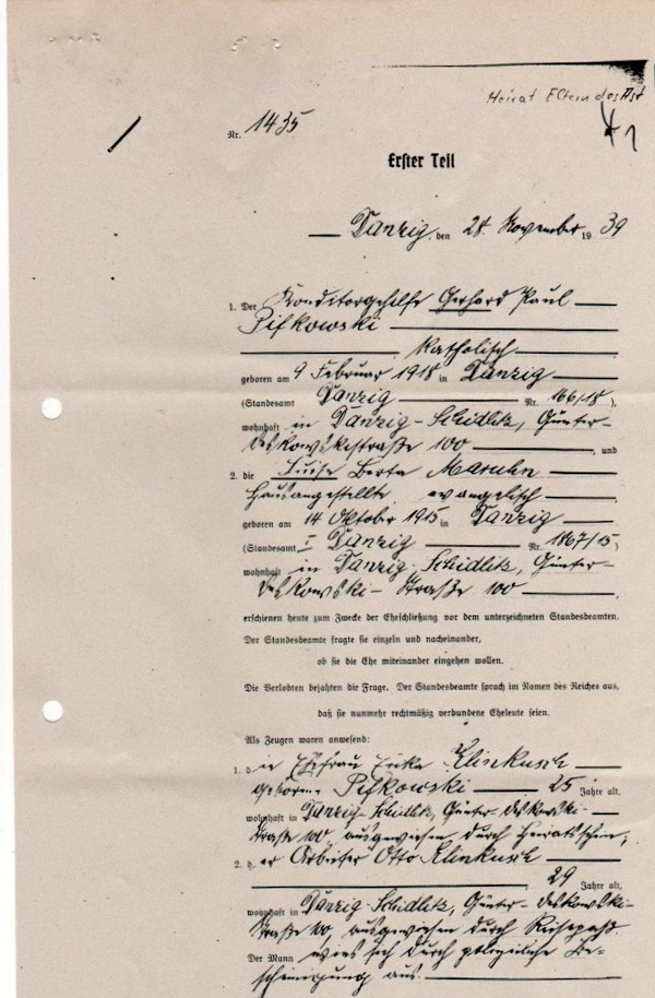 Luise und Gerhard Pifkowski-Heiratseintrag-1939-1