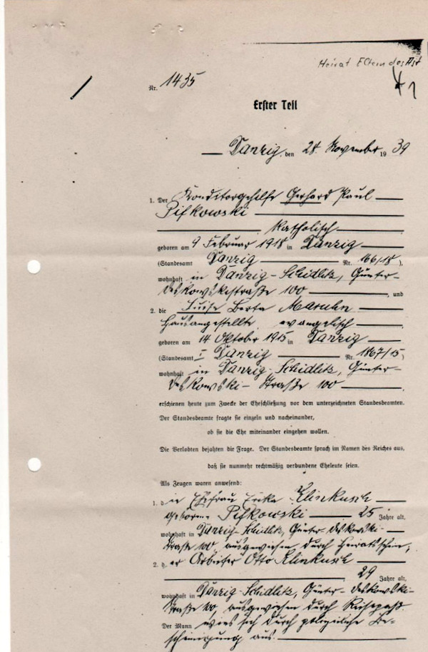 Luise und Gerhard Pifkowski-Heiratseintrag-1939-1