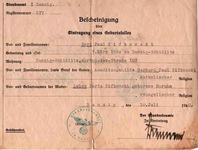 Gerd Paul von Pif(w)kowski-Geburtsurkunde/Bescheinigung-1940