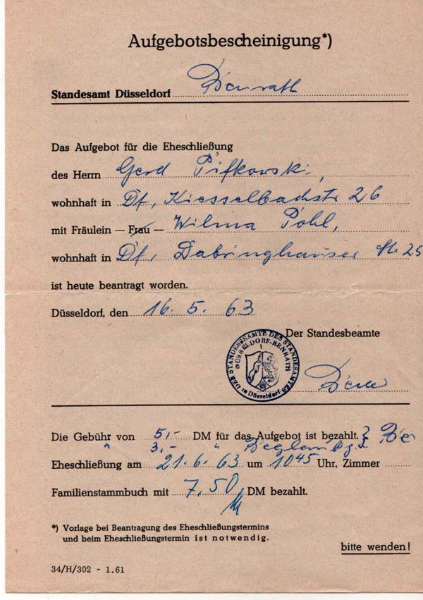 Aufgebotsbescheinigung für Gerd+Wilma Pifkowski-1963