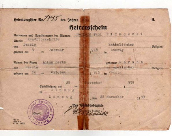 Heiratsschein von Luise Berta und Gerhard Paul Pifkowski-1939