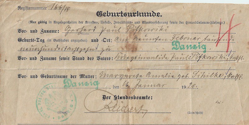 Gerhard Paul Pifkowski-Geburtsurkunde-1918