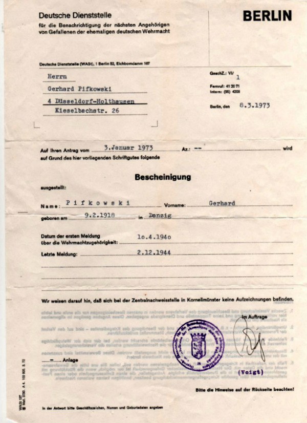 Bescheinigung über die Wehrmachtszugehörigkeit-1973
