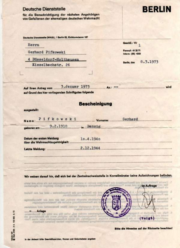 Bescheinigung über die Wehrmachtszugehörigkeit-1973