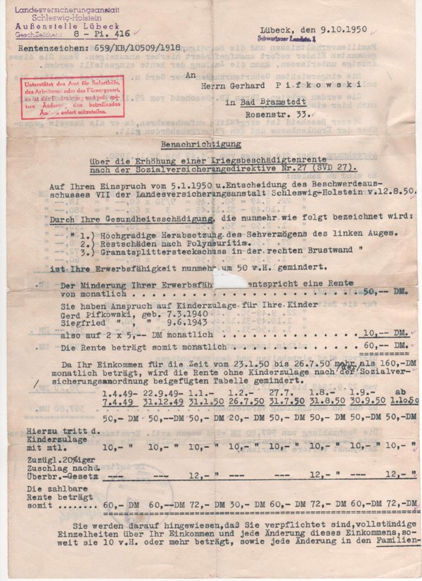 Erhöhung einer Kriegsbeschädigungsrente-1950