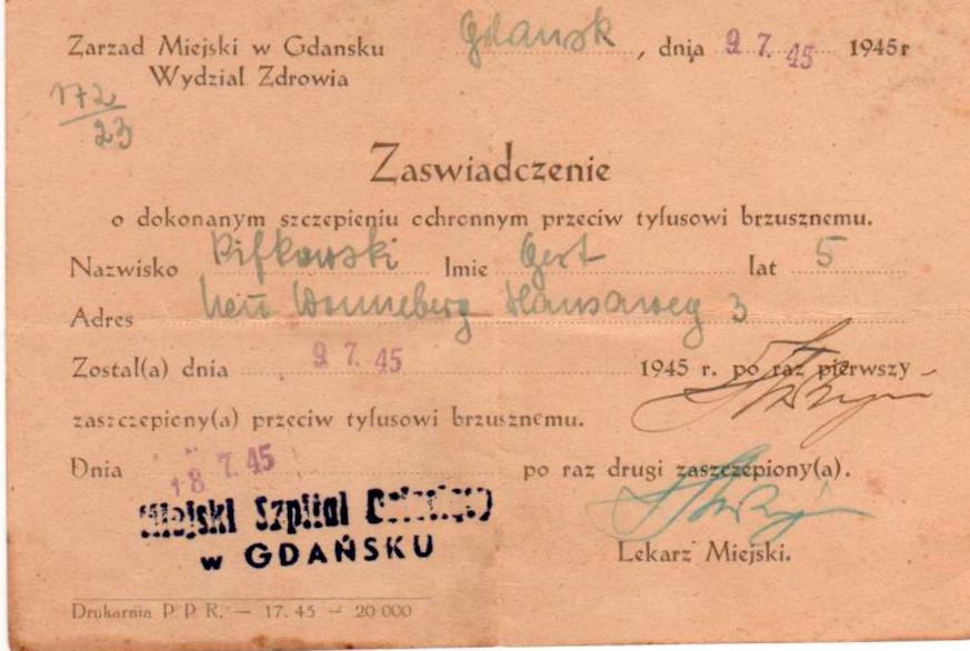 Gert(d) Pifkowski-Impfbescheinigung über Thyphus am 18.07.1945