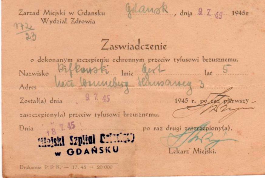 Gert(d) Pifkowski-Impfbescheinigung über Thyphus am 18.07.1945