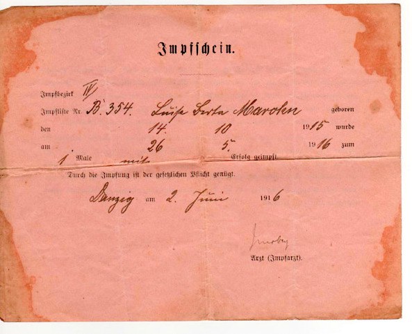 Luise Berta Maruhn-Impfschein vom 26.5.1916