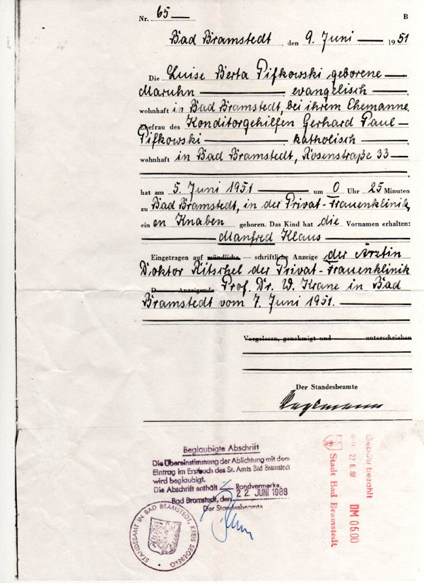 Manfred Klaus Pifkowski-Geburtsurkunde *1951