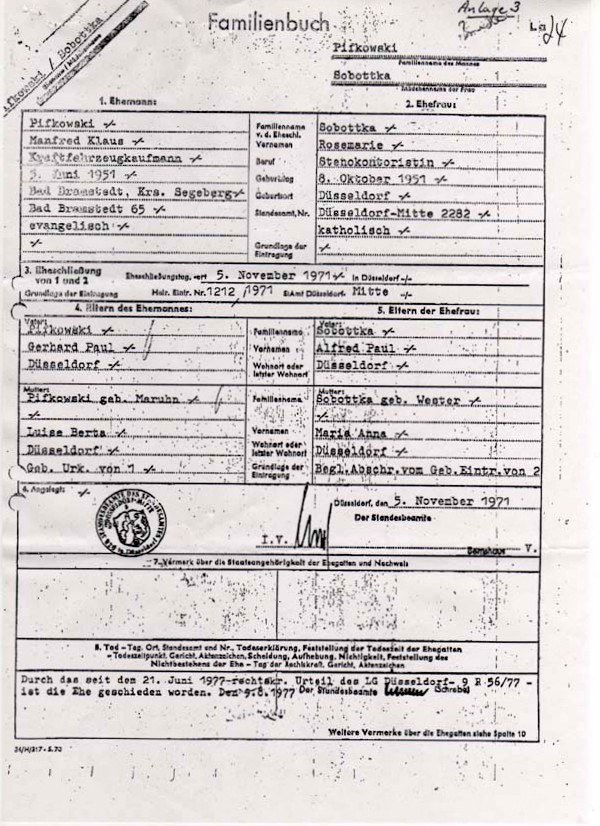 Manfred Klaus Pifkowski und Rosemarie Sobottka-Familienbuch-1971-1