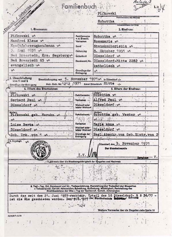 Manfred Klaus Pifkowski und Rosemarie Sobottka-Familienbuch-1971-2