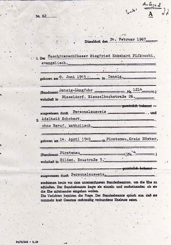 Siegfried Eckehard und Adelheid Pifkowski-Heiratsurkunde-1967-1