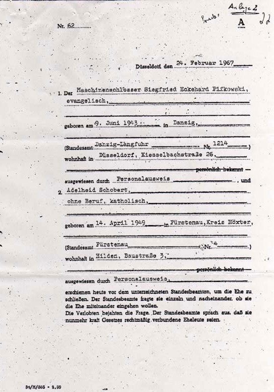 Siegfried Eckehard und Adelheid Pifkowski-Heiratsurkunde-1967-1