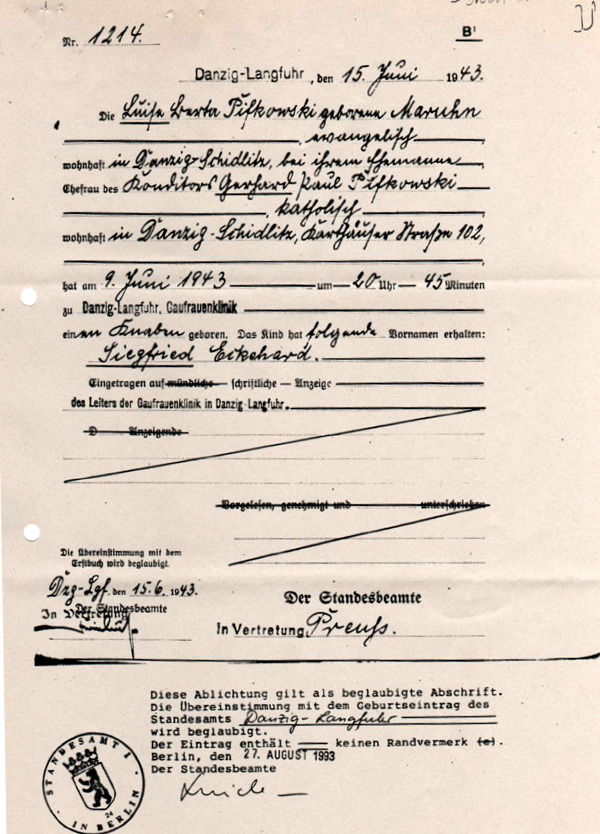 Siegfried Eckehard Pifkowski-Geburtsurkunde-1943