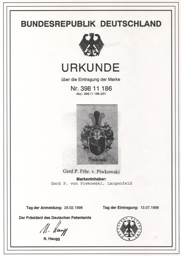 Eintragung der Marke Piwkowski beim Dt. Patentamt München-1998
