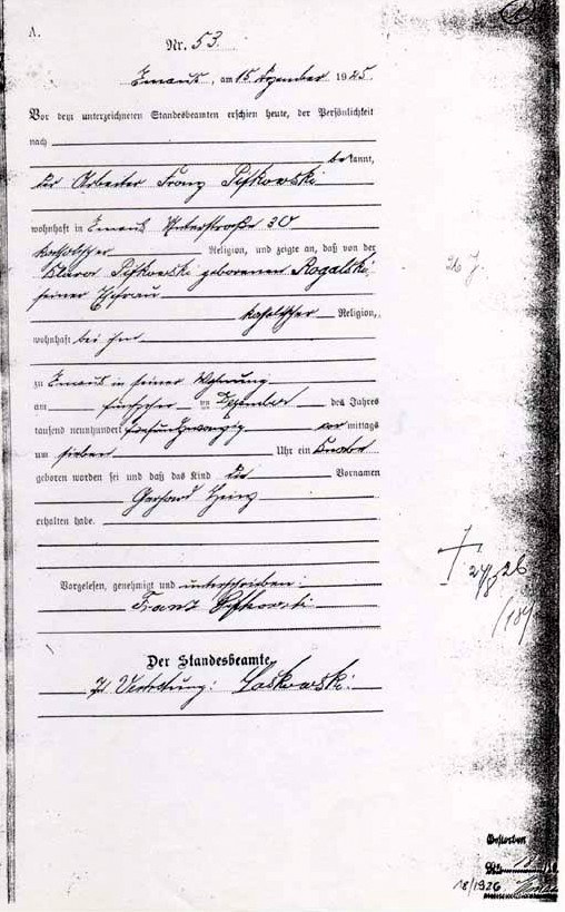 Gerhard Heinz Pi(ie)fkowski-Geburtsurkunde-1925