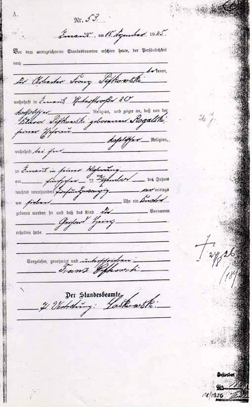 Gerhard Heinz Pi(ie)fkowski-Geburtsurkunde-1925