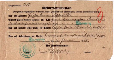 Erika Anna Pifkowski-Geburtsurkunde Erika Anna Pifkowski-Geburtsurkunde