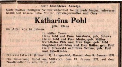 Katharina Pohl geb. Klaus+1971-Traueranzeige