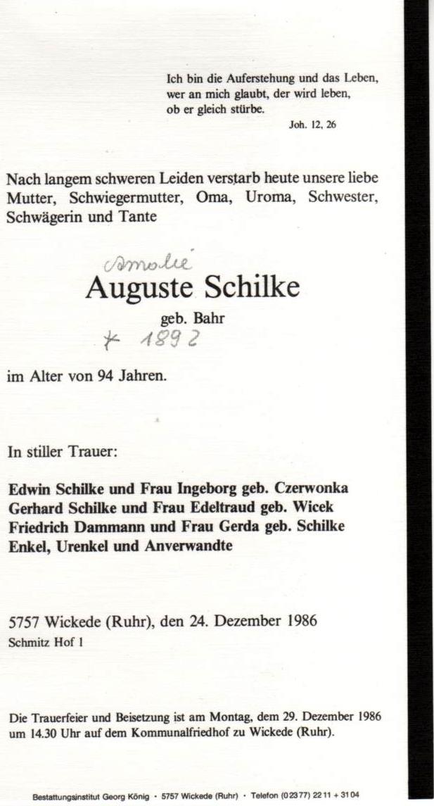 Auguste Amalie Schilke * 1892