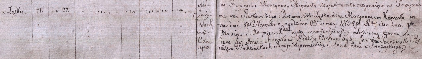 Act of baptism of Stanisław Piwkowski (Łążek, 8 XI 1804).JPG