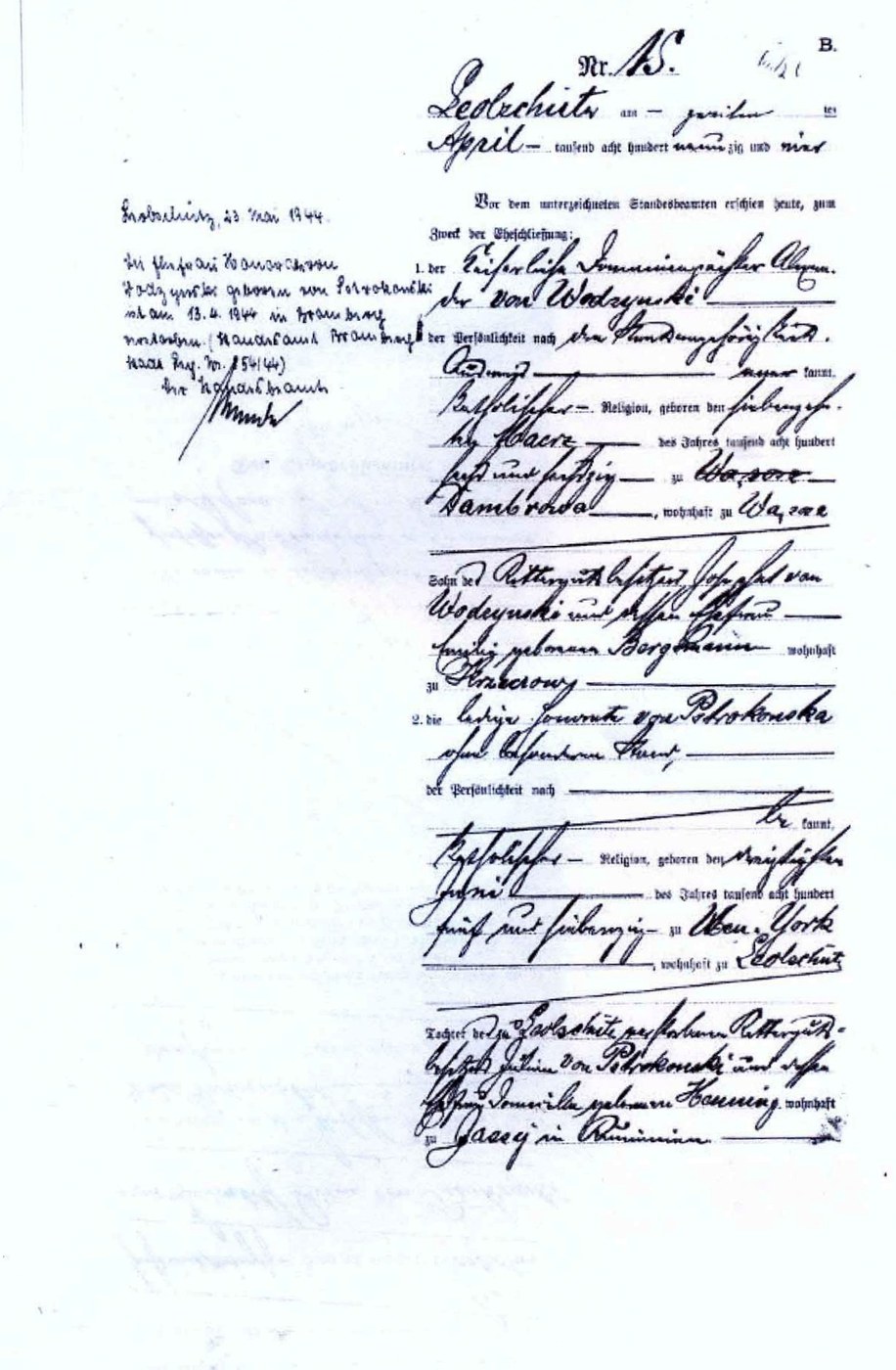 Wodzynski-Heirat-standesamtlich-1-Zeuge Adam von Piwkowski-1894