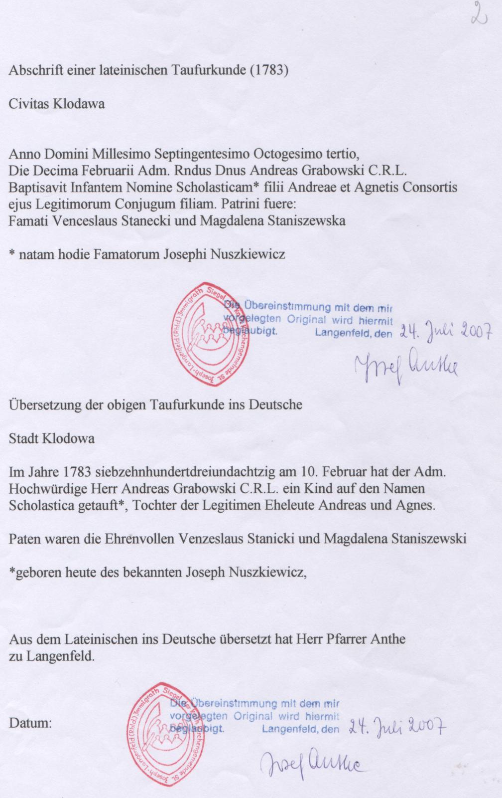 Abschrift einer lat. Taufurkunde von Scholastika Nuczkiewicz