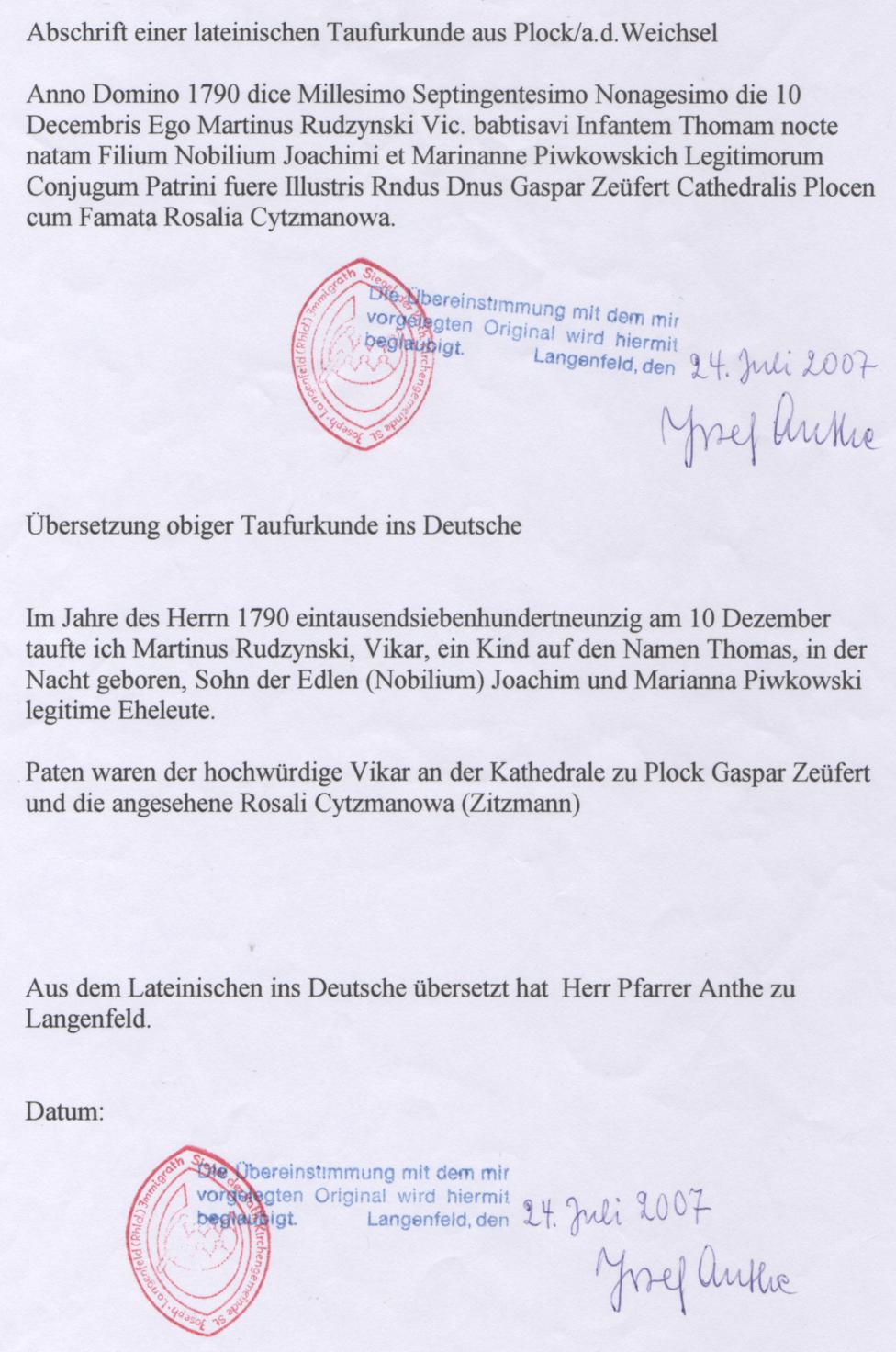 Übersetzung lat. Taufurkunde von Tomas von Piwkowski.jpg