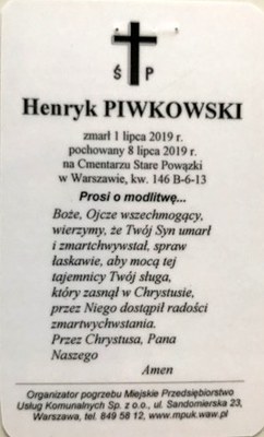 Henryk Piwkowski aus Warschau ist verstorben am 01.07.2019
